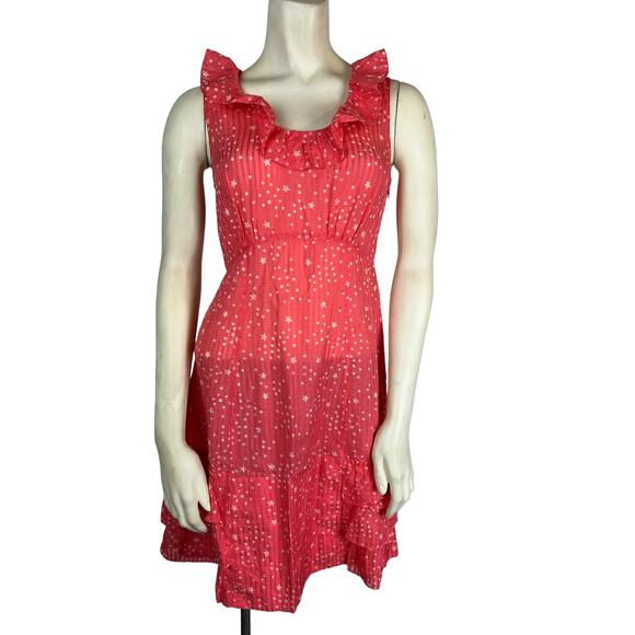 Marc Jacobs Dress 2 sheer Peach coral star striped sundress ruffled fit flare - Picture 6 of 8